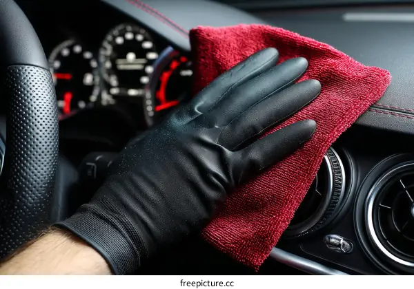 Car Interior Cleaning with Red Microfiber Cloth