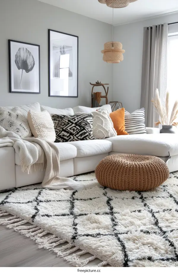 A Serene Living Room with White Sofa and Patterned Black and White Rug