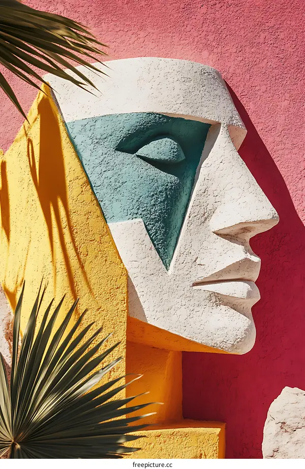 Abstract Sculpture of a Face on a Colorful Wall with Palm Tree