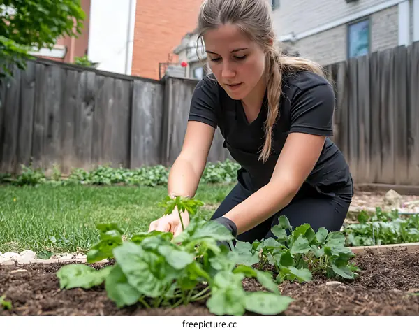 Woman in Black T-shirt Gardening in Her Backyard