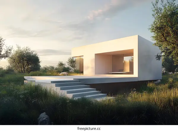 Minimalist Concrete House with Glass Windows in a Lush Meadow