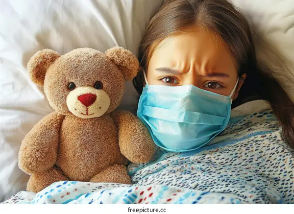Ill Child with Teddy Bear and Mask