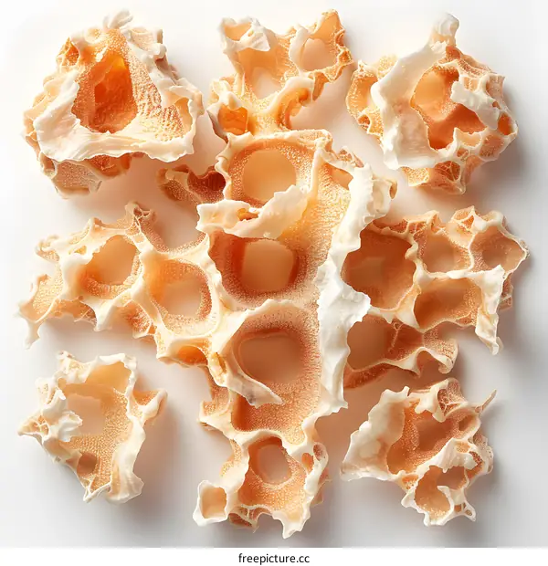 A pile of porous and rough white and orange rocks