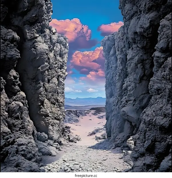 Desert Landscape with Narrow Canyon Opening to Mountains and Pink Clouds
