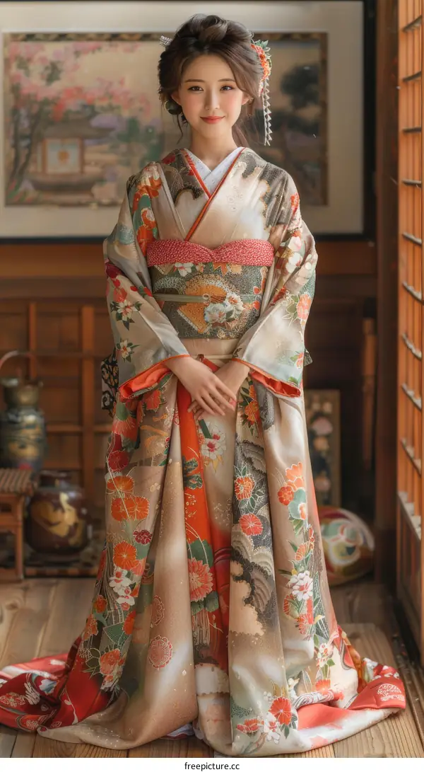 Beautiful Japanese Woman Wearing Traditional Kimono with Floral Pattern
