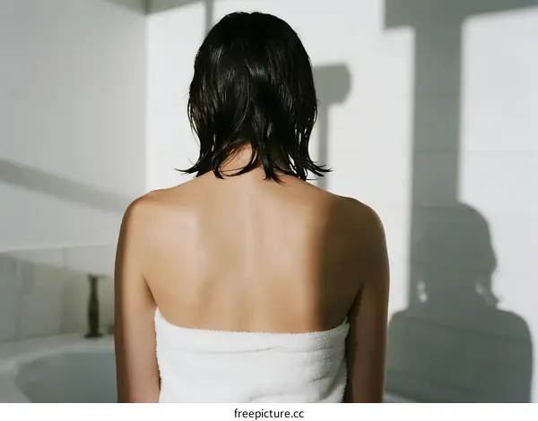 Back view of woman wrapped in white towel after shower