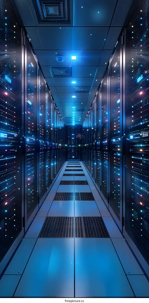 Blue and black futuristic sci-fi data center server room with bright lights