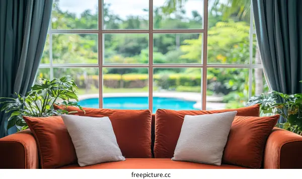 Cozy Living Room with Pool View