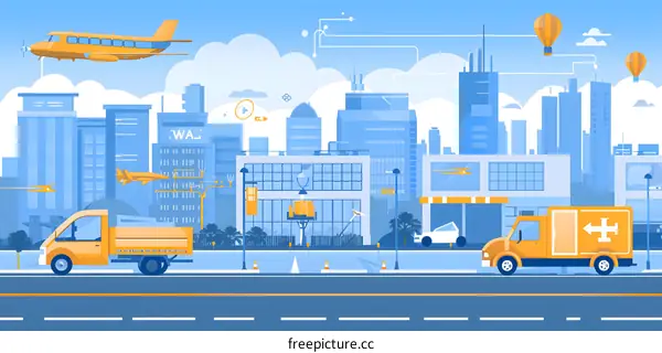 Futuristic Cityscape with Delivery Trucks and Flying Vehicles