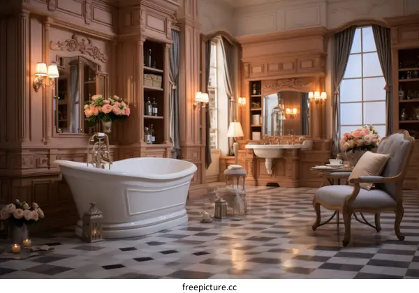Ornate Bathroom With Freestanding Tub And Checkered Floor Tiles