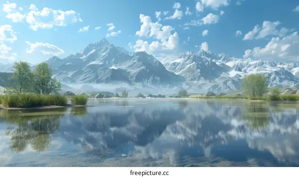 Mountain lake and snow capped mountains in the distance