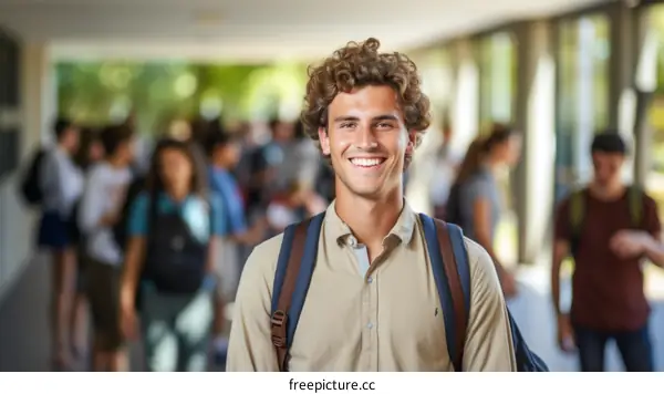 Portrait of a smiling young male college student with curly hair wearing a backpack in a school hallway