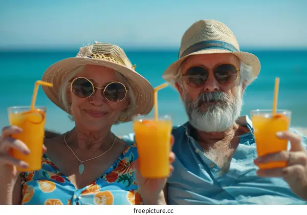 Happy senior couple on a beach vacation drinking cocktails