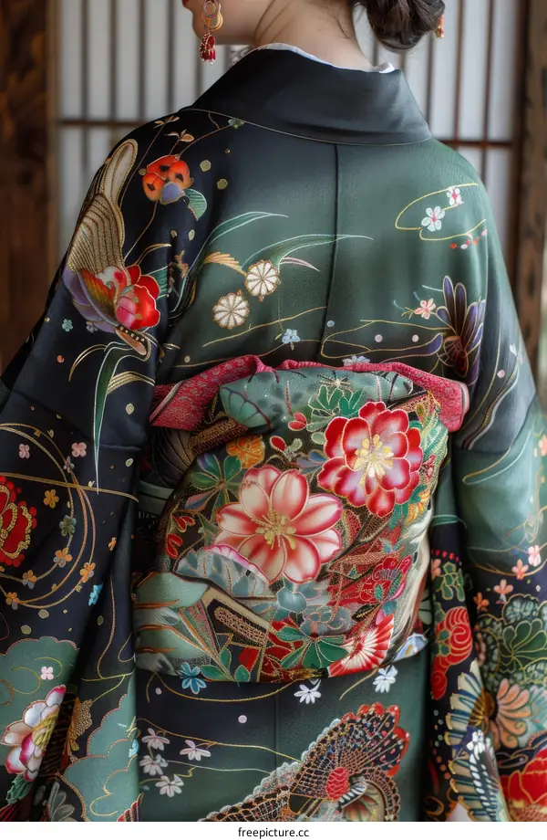 Japanese Kimono with Floral Pattern and Gold Embroidery