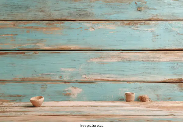 Vintage Teal Wooden Planks Background with Small Bowls