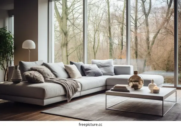 A modern living room with a large window looking out onto a forest