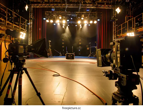 Two Professional Cameras Set Up on Tripods Facing Stage