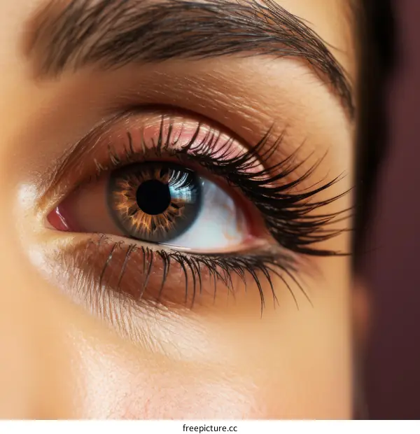 Close up of woman's brown eye with long eyelashes