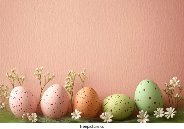 Easter Eggs Decorated with Flowers on Pastel Background