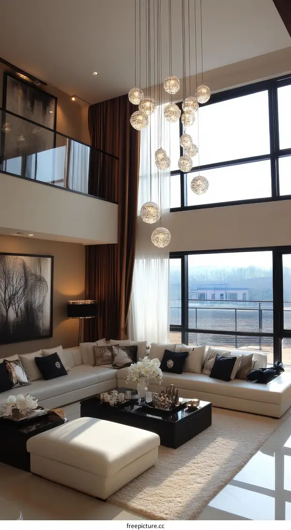 Modern Spacious Living Room with Large Windows and Chandelier