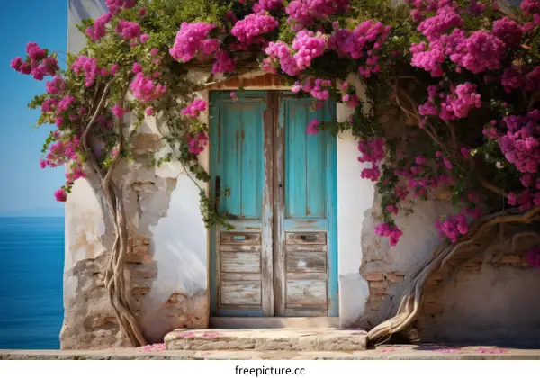 Charming Blue Door with Pink Flowers in Greece