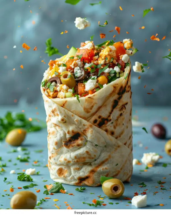 Mediterranean diet wrap sandwich with vegetables, hummus, feta cheese and olives