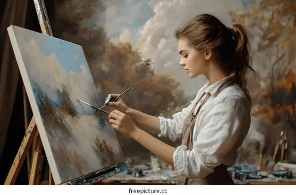 Young Woman Artist Painting Landscape On Canvas In Art Studio