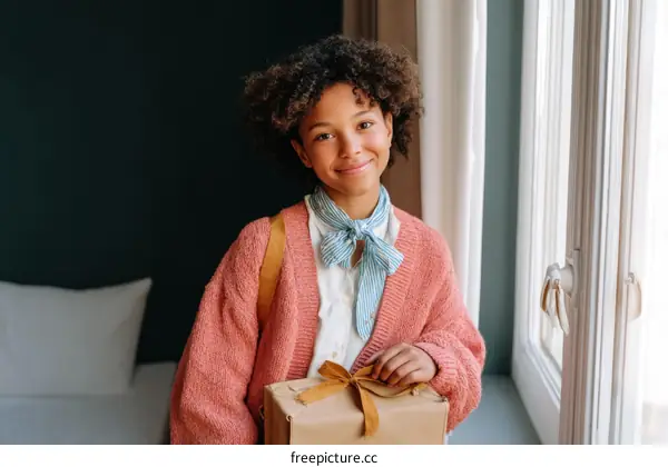 Happy Girl Holding a Gift Box near Window