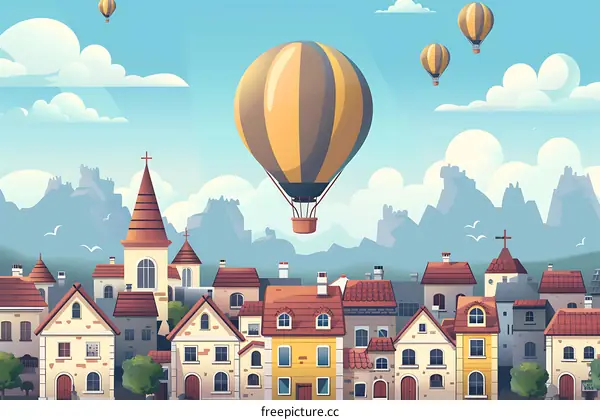 Cartoon Hot Air Balloon Flying Over European Town