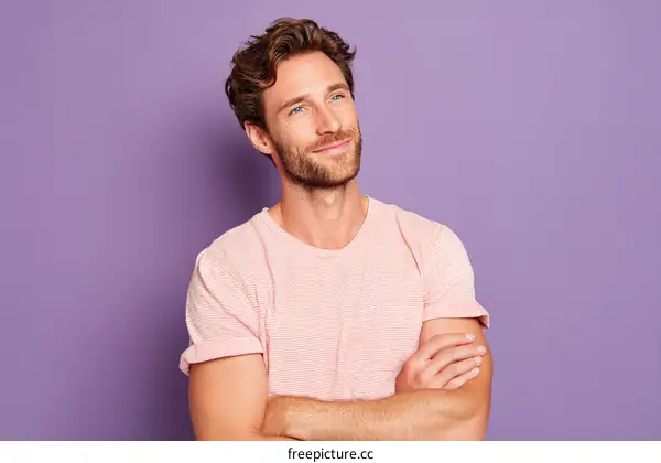 Closeup Portrait of a Caucasian Man in a Pink T-Shirt