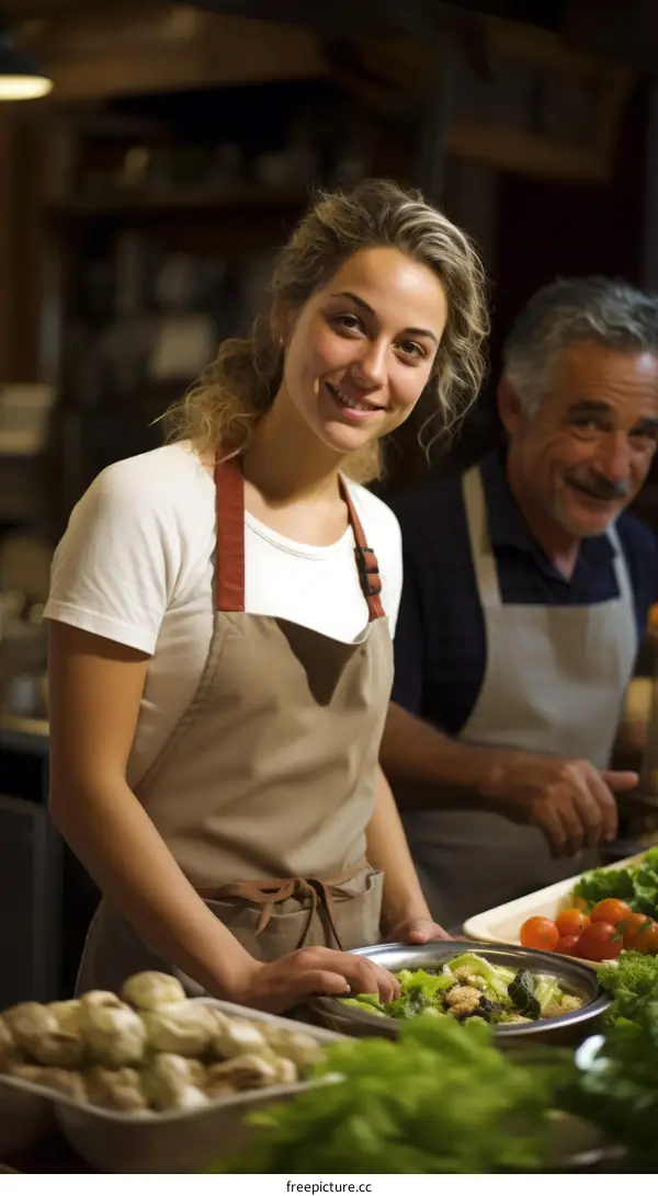 Portrait of a young woman and an older man preparing food in a commercial kitchen