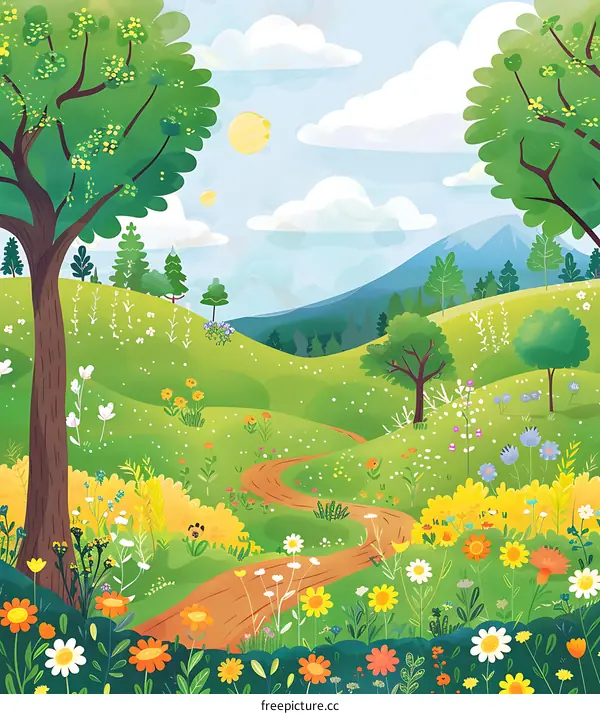 Beautiful Spring Landscape With Flowers And Winding Path