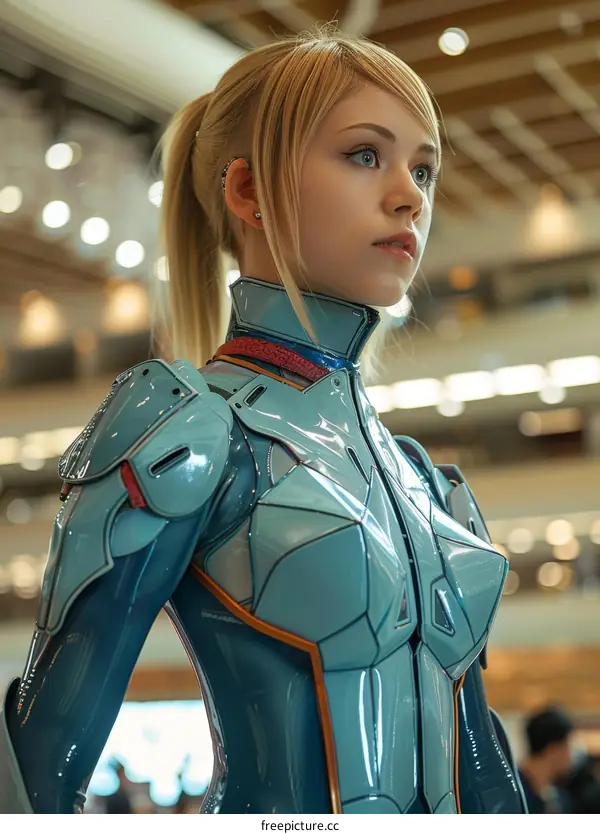 Blue Power-Armored Woman Cosplay