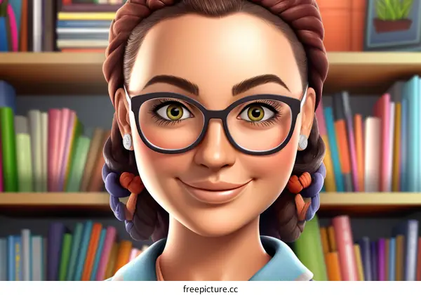 Illustration of a young woman wearing glasses and smiling in a library