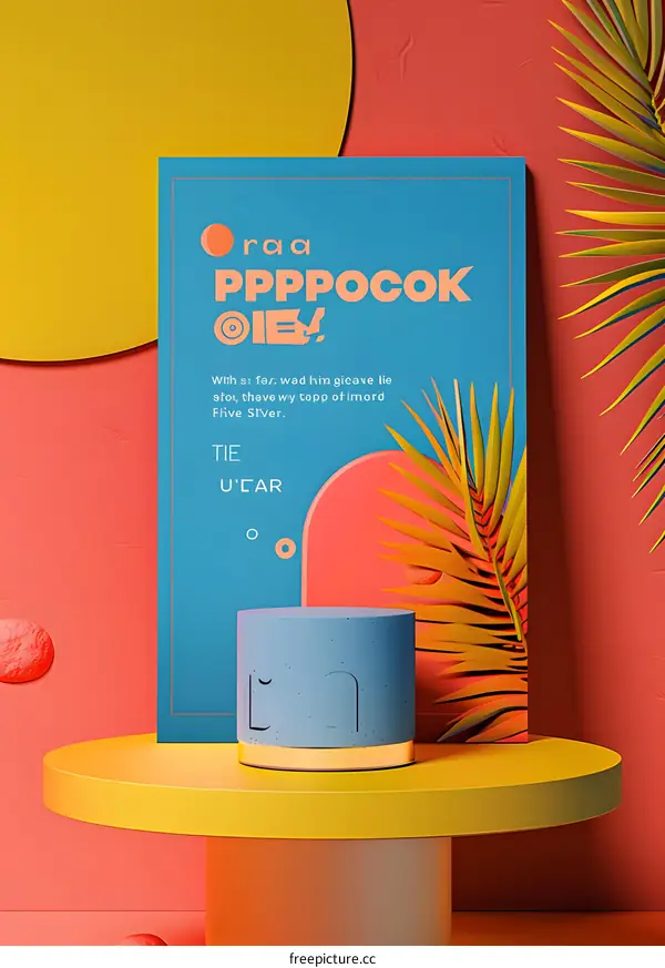 Abstract Minimalist Graphic Design with Colorful Shapes and Palm Leaves