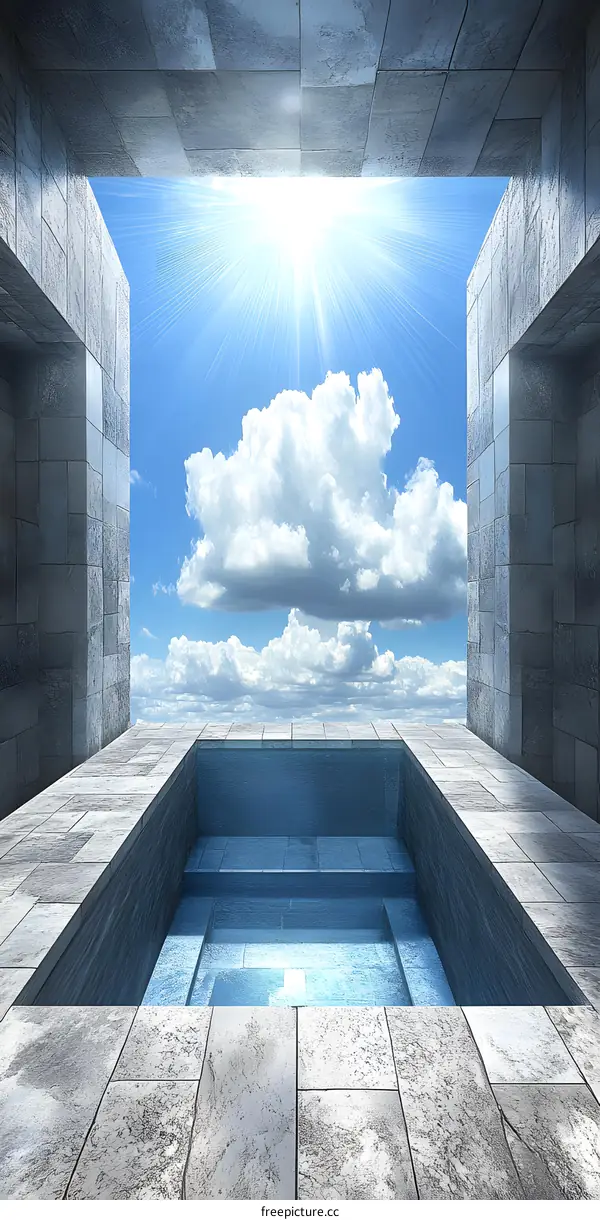 Minimalist Concrete Pool with Blue Sky and Clouds