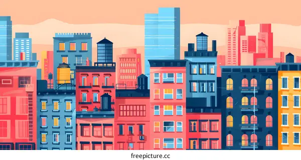 Cityscape Illustration with Colorful Buildings