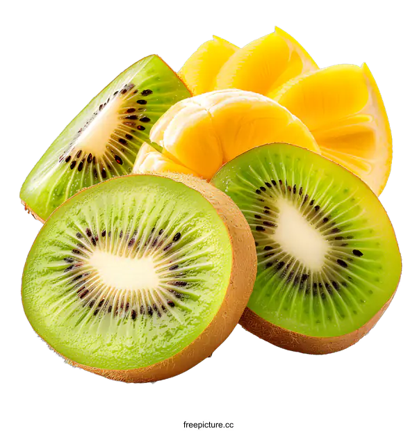 [Transparent Background PNG]Fresh Sliced Kiwi and Orange Fruit on White Background