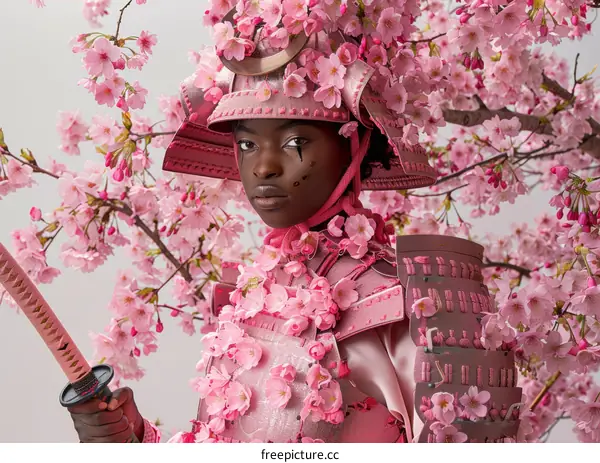 Black female samurai in pink cherry blossom samurai armor