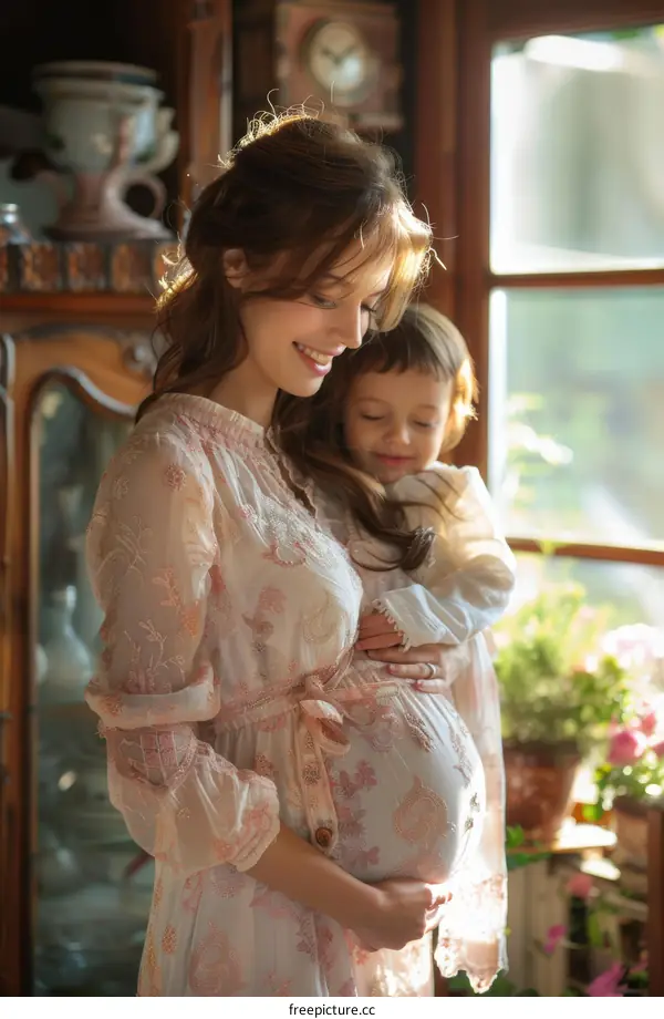 Pregnant woman with a child indoors