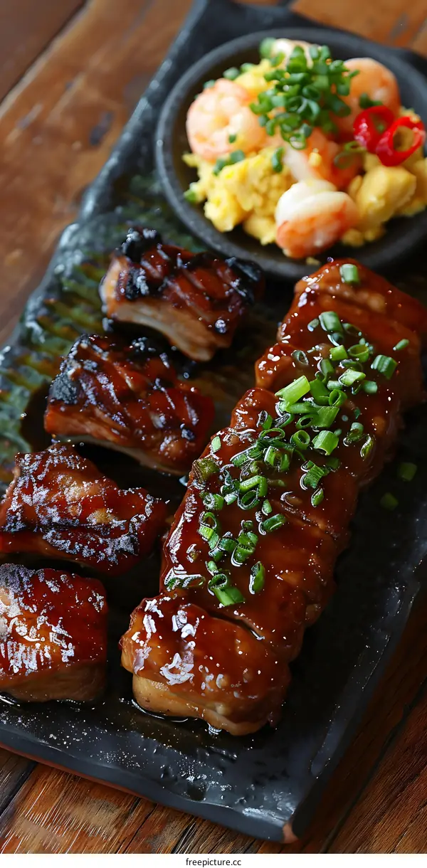 Close Up of Glazed Pork Ribs with Green Onions and Scrambled Eggs with Shrimp