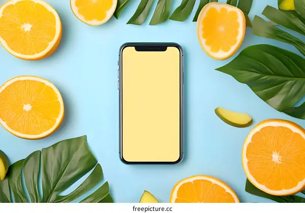 Flat Lay of Smartphone with Oranges and Tropical Leaves on Blue Background