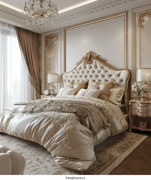 Ornate golden bed in a luxurious bedroom