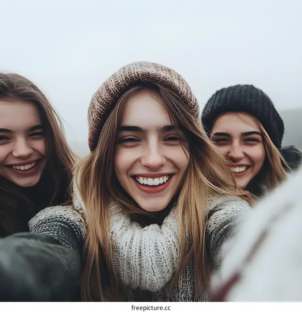 Three Smiling Friends Selfie in Winter