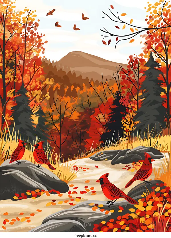 Autumn Landscape With Cardinal Birds