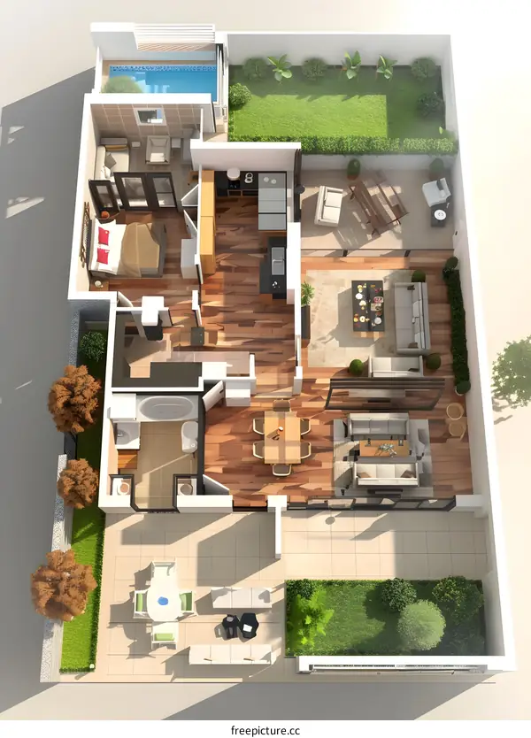 Modern Apartment Floor Plan with Swimming Pool and Garden