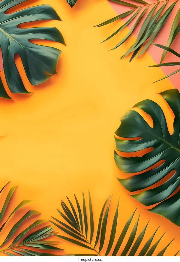 Tropical Leaves Flat Lay Background Yellow
