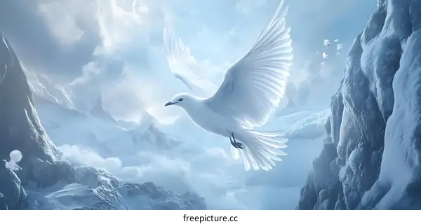 White Dove Flying Above Snowy Mountains