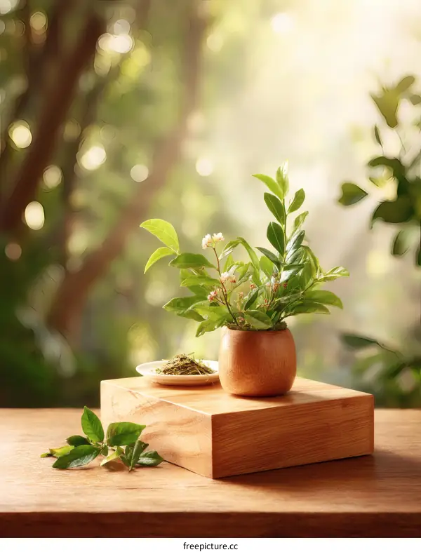 Fresh Green Tea Leaves and Flowers Arrangement on Wooden Table