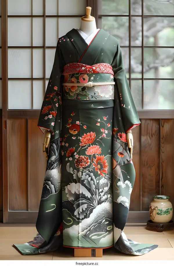 A woman wearing a green kimono with red and pink floral patterns.